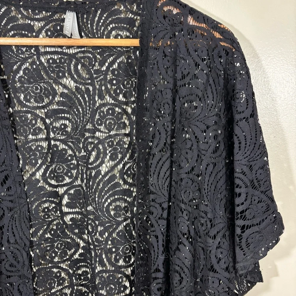 Vanity Y2K Black Lace Cover-Up Kimono with Fringe Size L